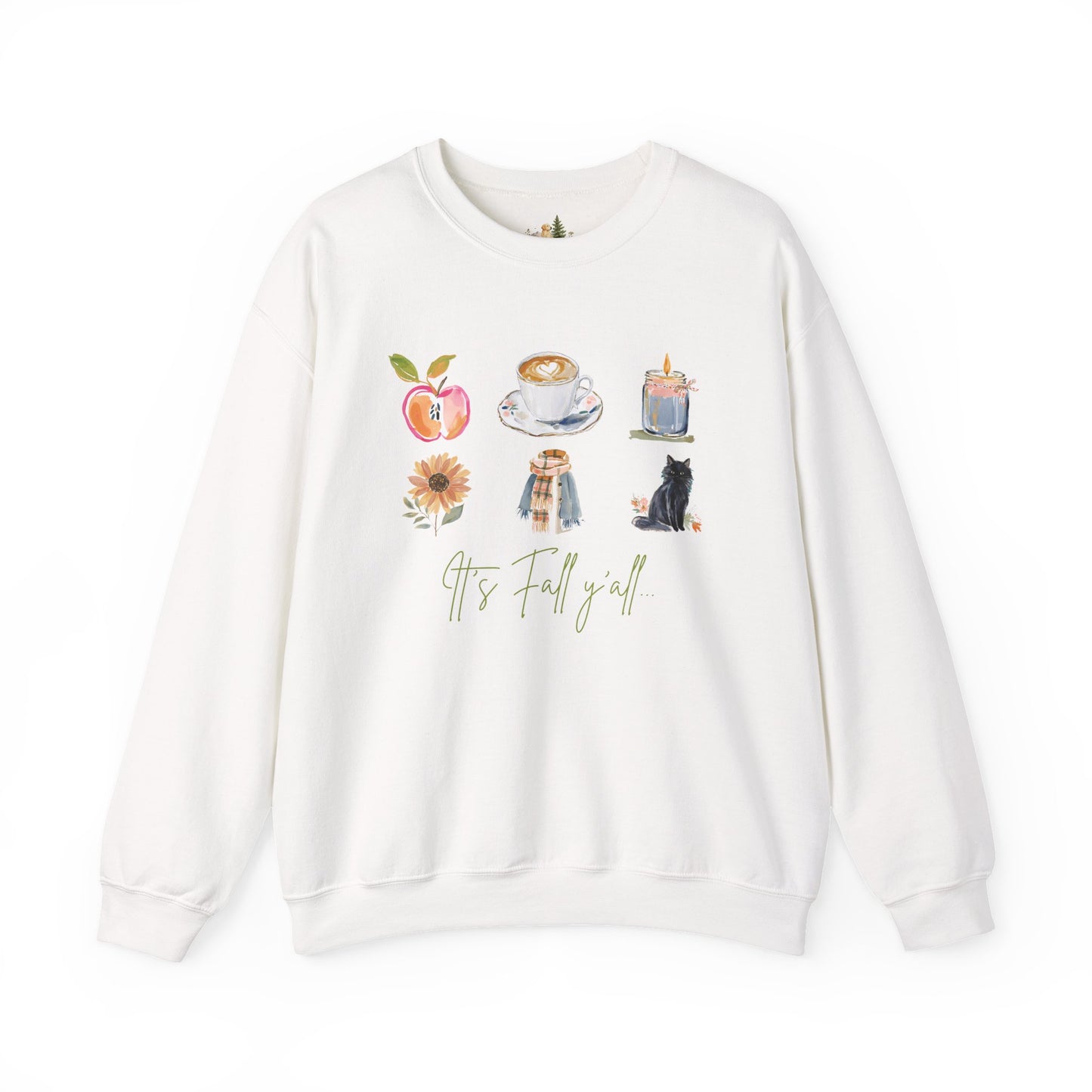 Fall Icons Crewneck Sweatshirt — Cozy Autumn Peach, Coffee, Candle & Cat Design