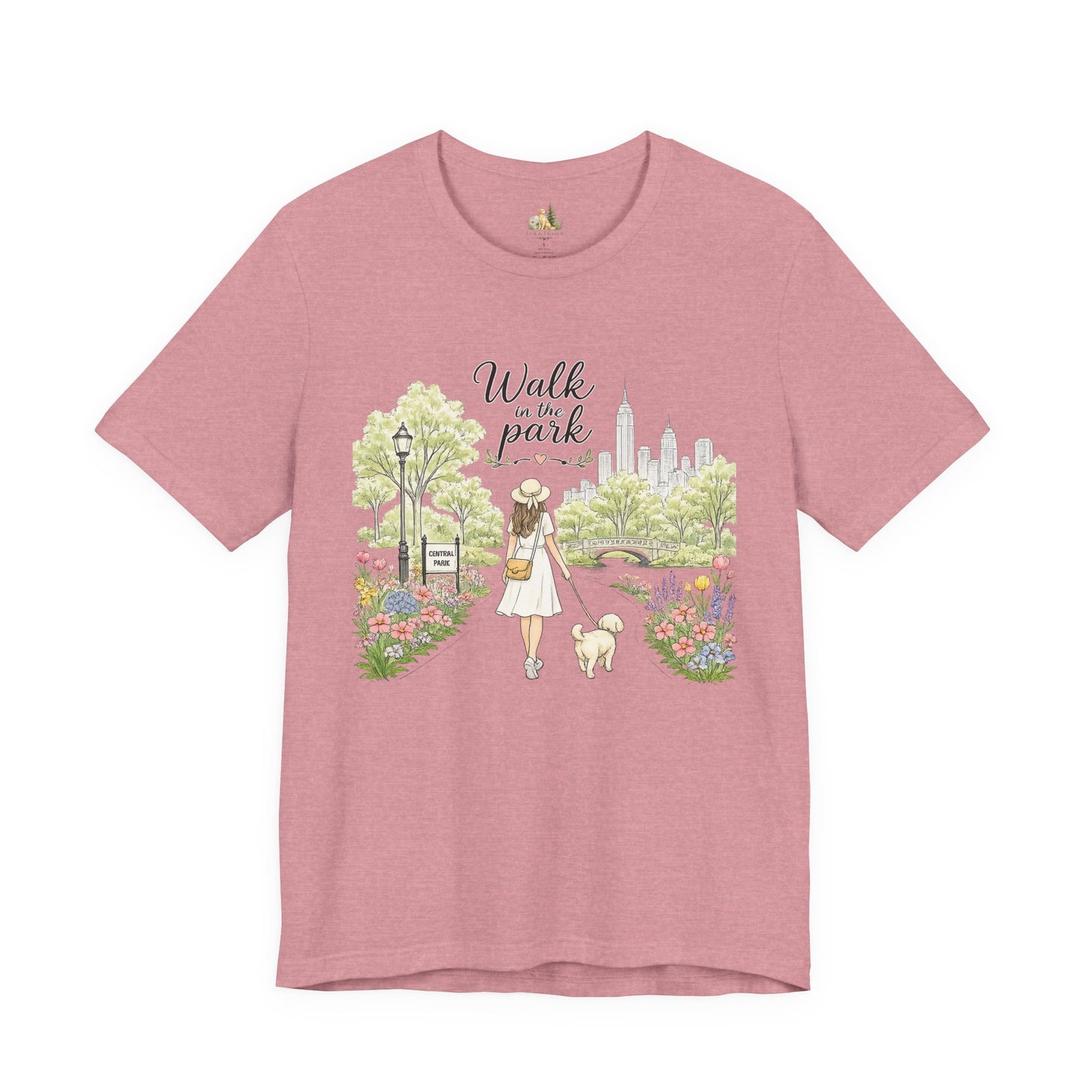 Walk in the Park T-Shirt | Woman Walking Dog Park Illustration