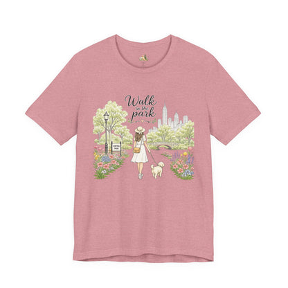Walk in the Park T-Shirt | Woman Walking Dog Park Illustration