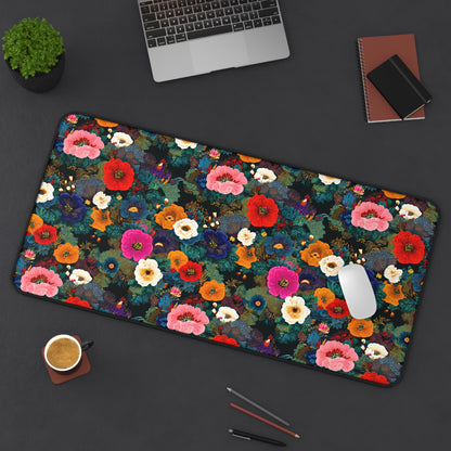Floral Velvet Desk Mat — Colorful Poppy Garden Office Mouse Pad