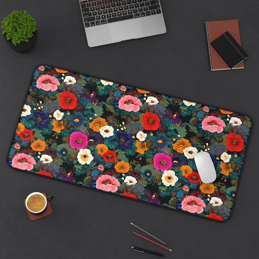 Floral Velvet Desk Mat — Colorful Poppy Garden Office Mouse Pad