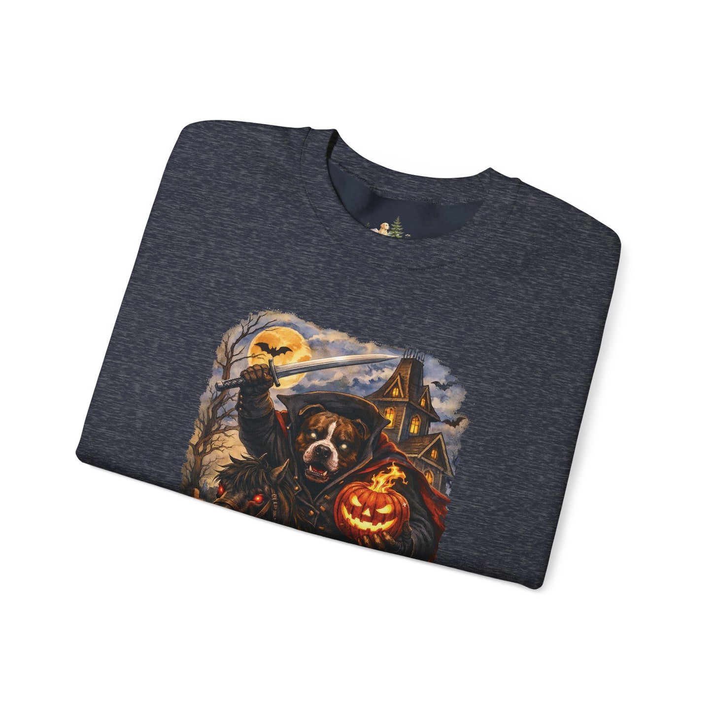 Unisex Halloween Pit Bull Headless Horseman Crewneck Sweatshirt ~ What Tails Lurk Behind The Pines