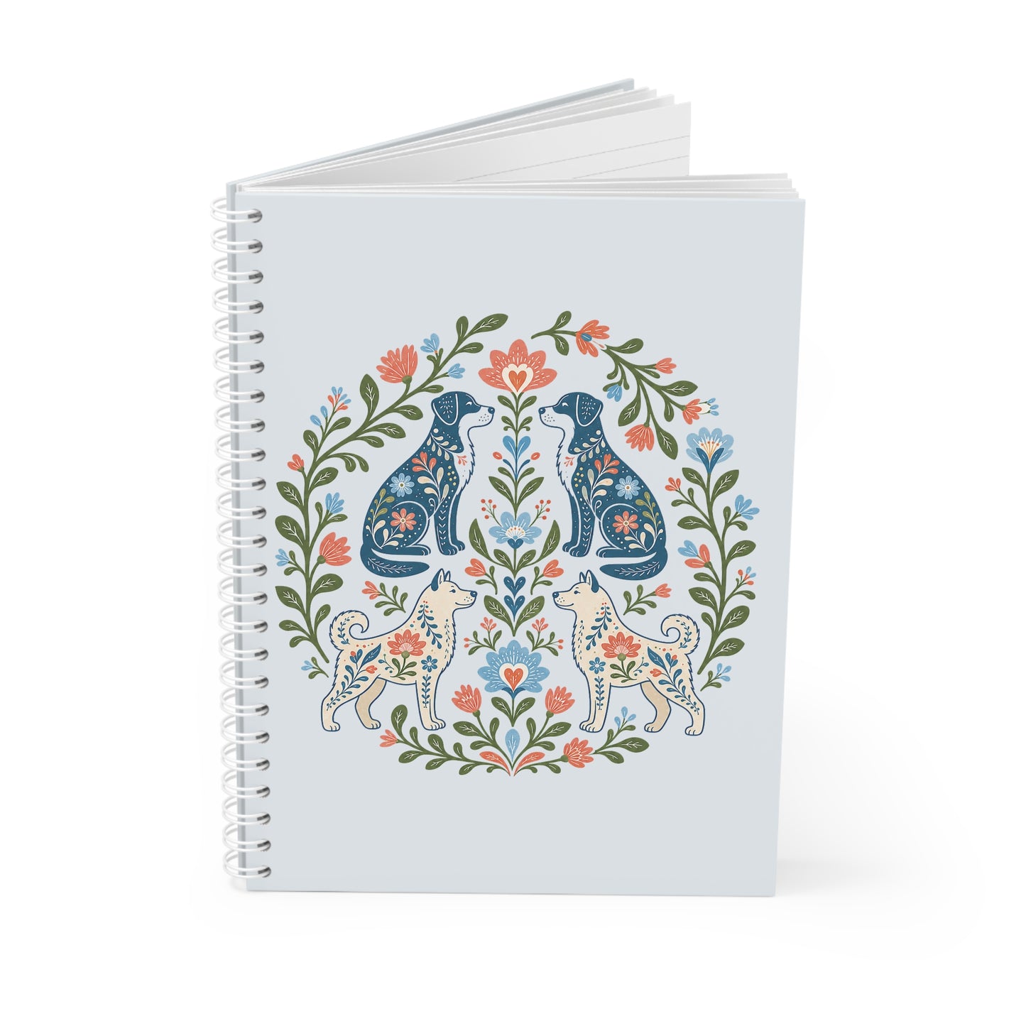 Floral Folk Dogs Spiral Notebook — Decorative Blue & Coral Animal Art Journal