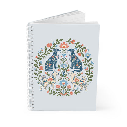 Floral Folk Dogs Spiral Notebook — Decorative Blue & Coral Animal Art Journal