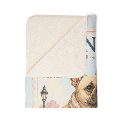 French Bulldog Paris Stamp Fleece Sherpa Blanket | Eiffel Tower, Floral Accent