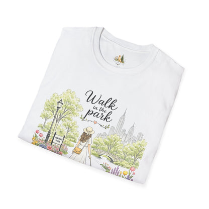 Walk in the Park T-Shirt | Woman Walking Dog Park Illustration (Light Weight, Ultra Soft Tee)