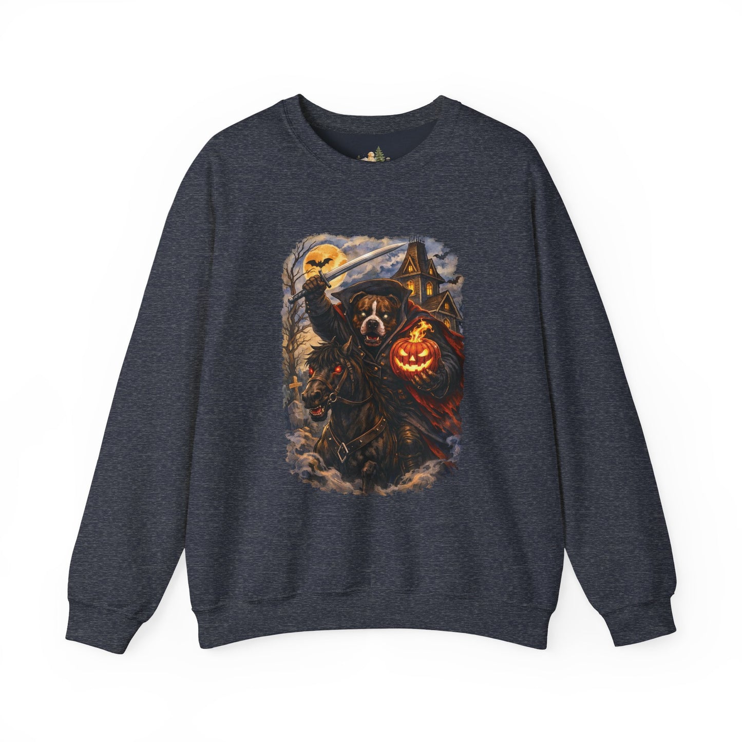 Unisex Halloween Pit Bull Headless Horseman Crewneck Sweatshirt ~ What Tails Lurk Behind The Pines