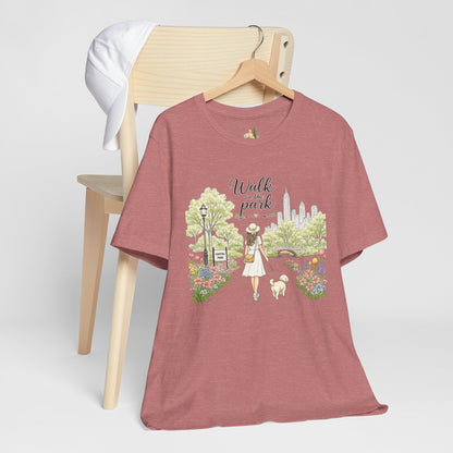 Walk in the Park T-Shirt | Woman Walking Dog Park Illustration