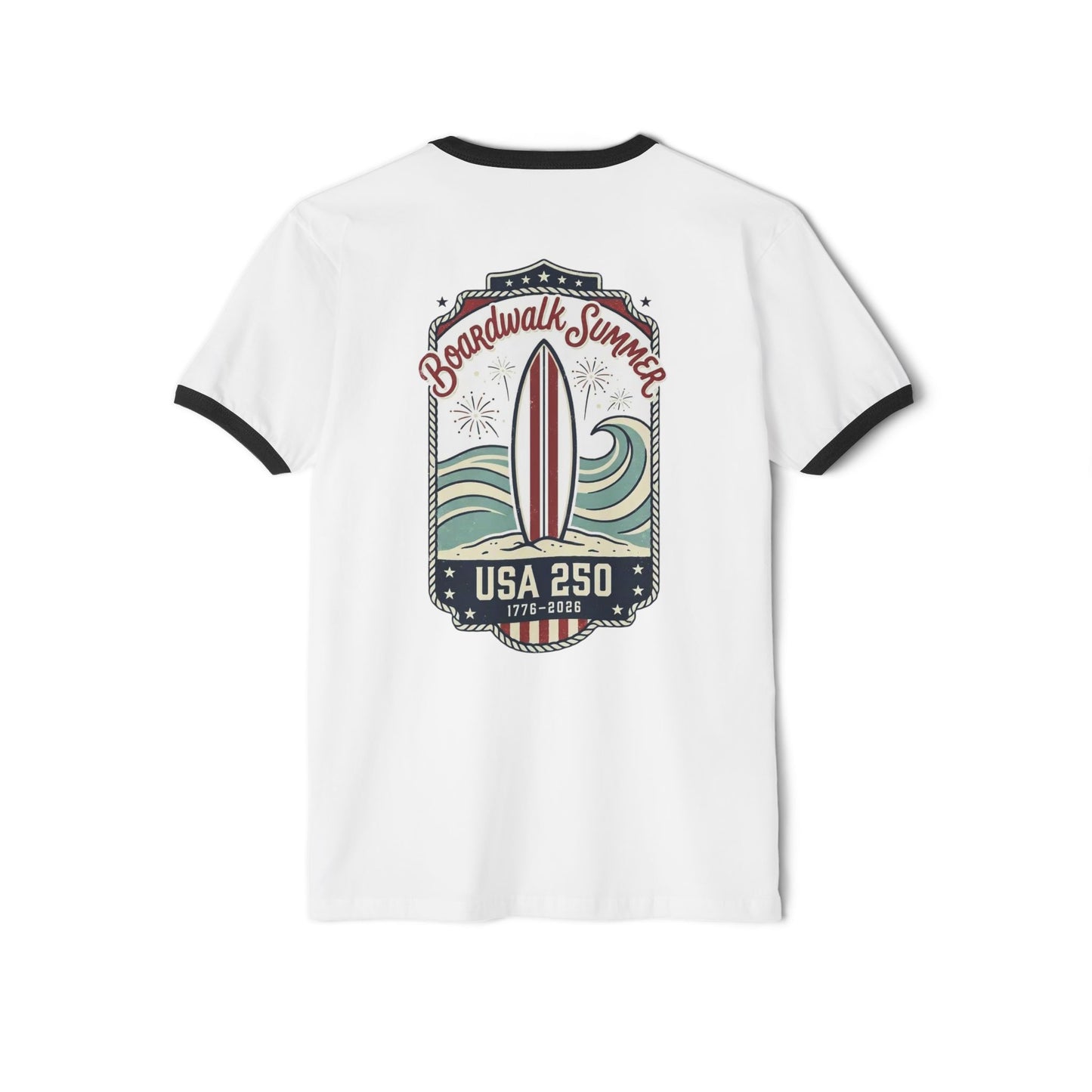 Boardwalk Summer Surf T-Shirt — Retro Surfboard & Waves Graphic