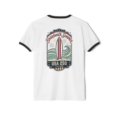 Boardwalk Summer Surf T-Shirt — Retro Surfboard & Waves Graphic