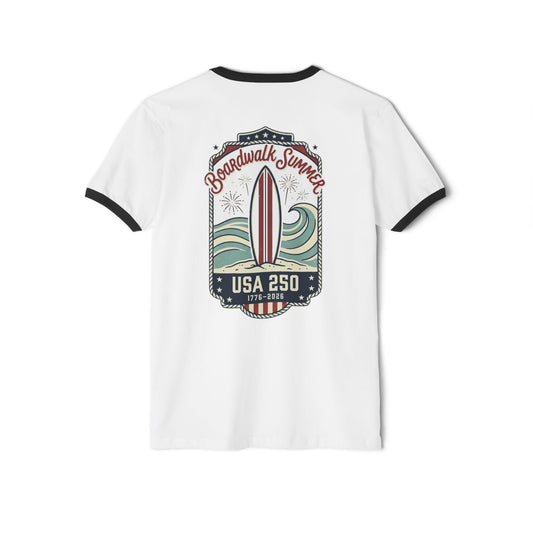 Boardwalk Summer Surf T-Shirt — Retro Surfboard & Waves Graphic