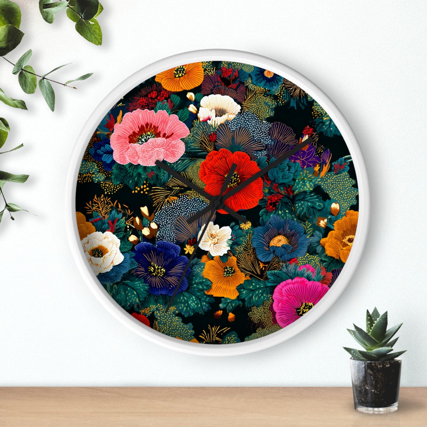 Floral Night Garden Wall Clock — Colorful Botanical Clock for Living Room & Bedroom