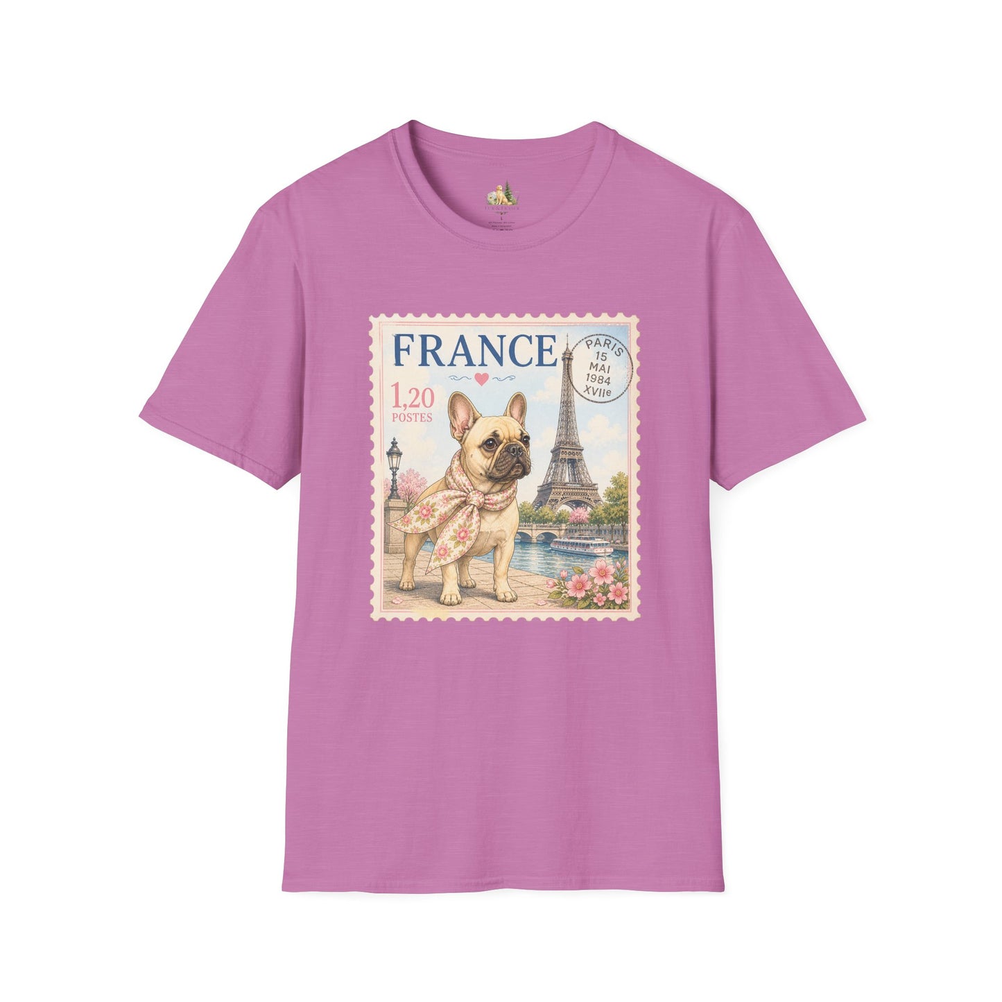 French Bulldog Postage Stamp T-Shirt | Eiffel Tower Paris Design (Light Weight, Ultra Soft Tee)