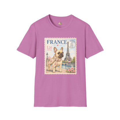 French Bulldog Postage Stamp T-Shirt | Eiffel Tower Paris Design (Light Weight, Ultra Soft Tee)