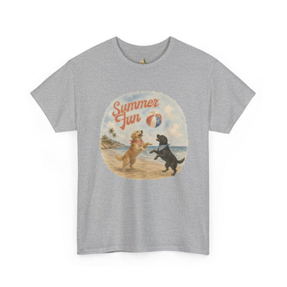 Unisex Summer Fun Dogs T-Shirt — Retro Beach Puppies Playing with Beach Ball (Heavy Weight Tee)