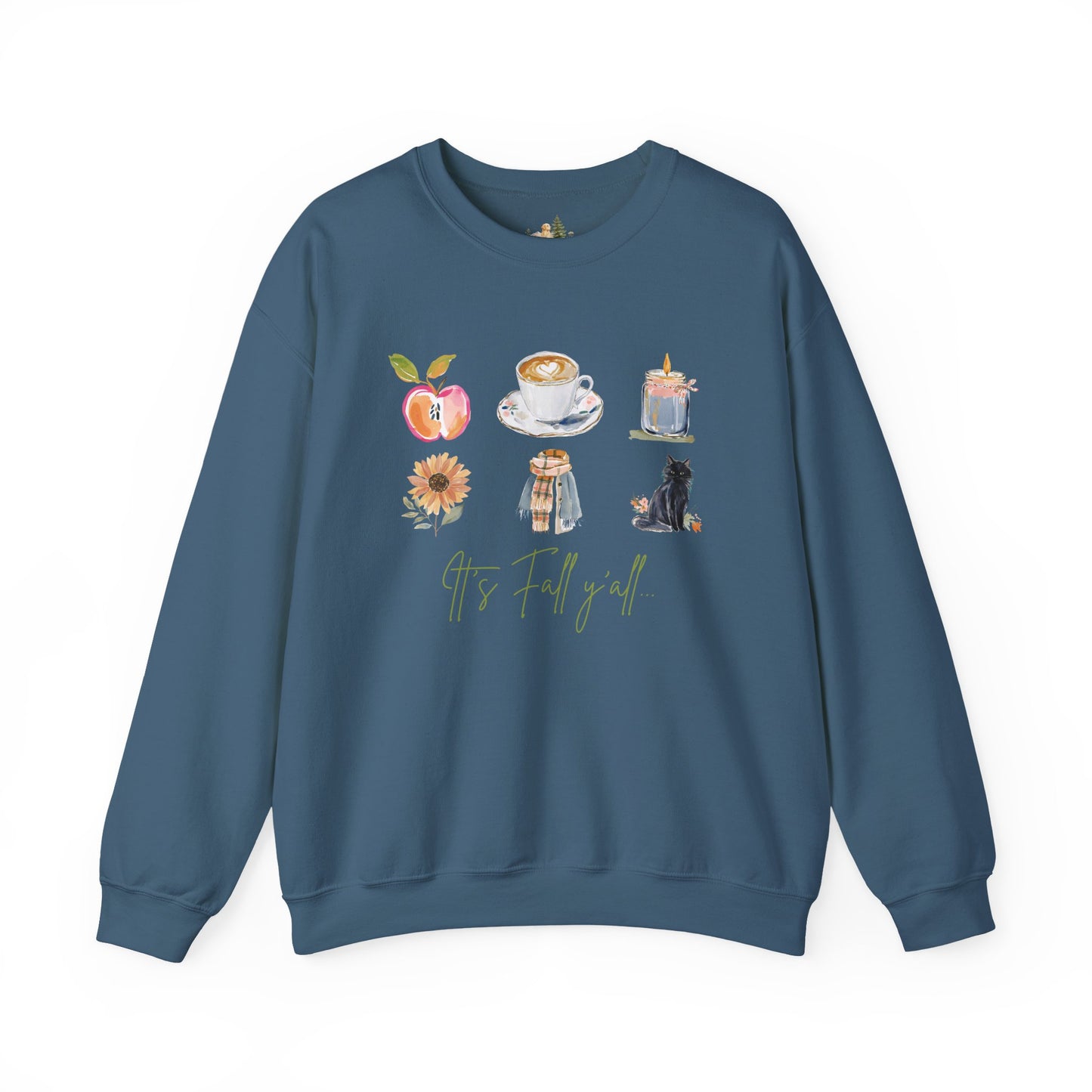 Fall Icons Crewneck Sweatshirt — Cozy Autumn Peach, Coffee, Candle & Cat Design