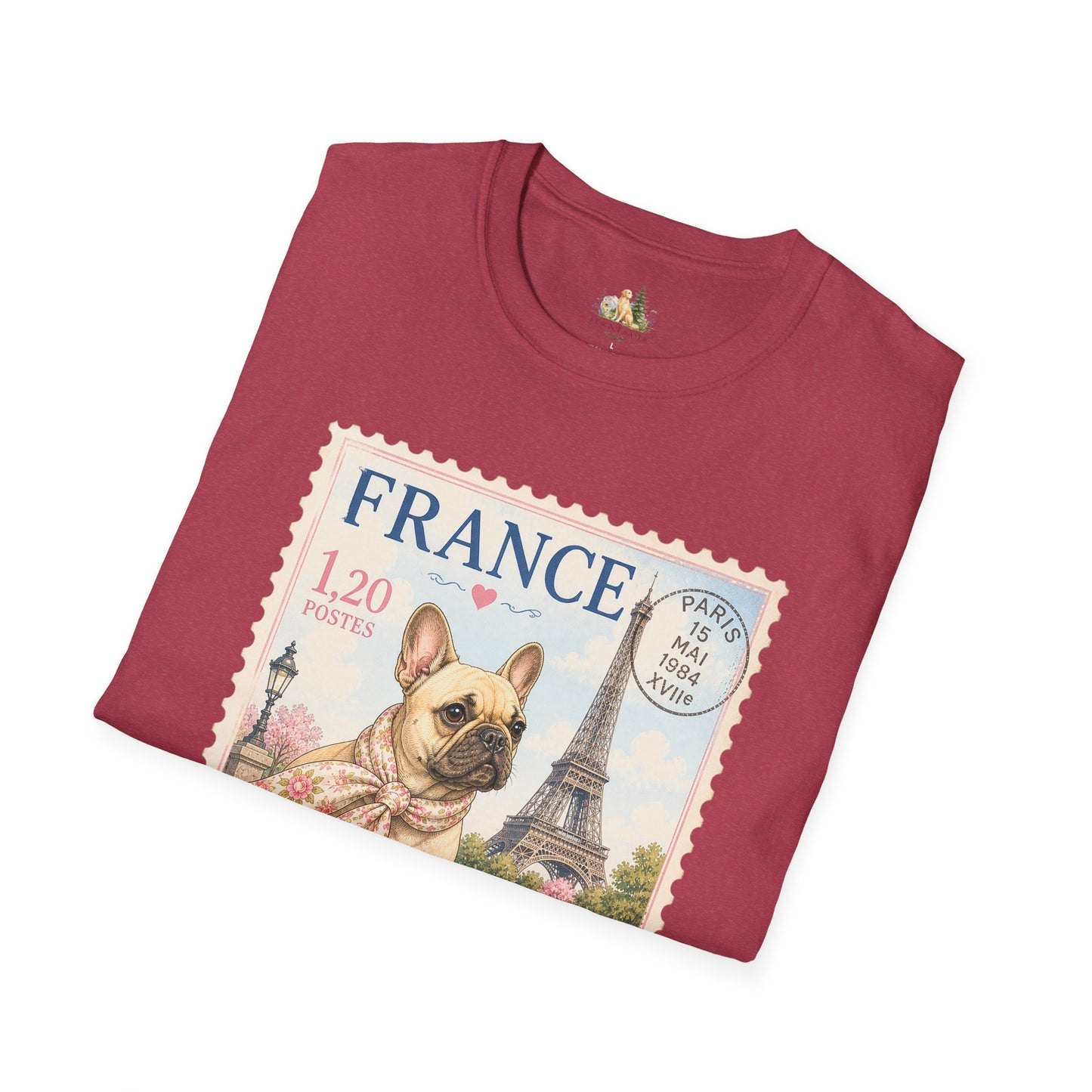 French Bulldog Postage Stamp T-Shirt | Eiffel Tower Paris Design (Light Weight, Ultra Soft Tee)