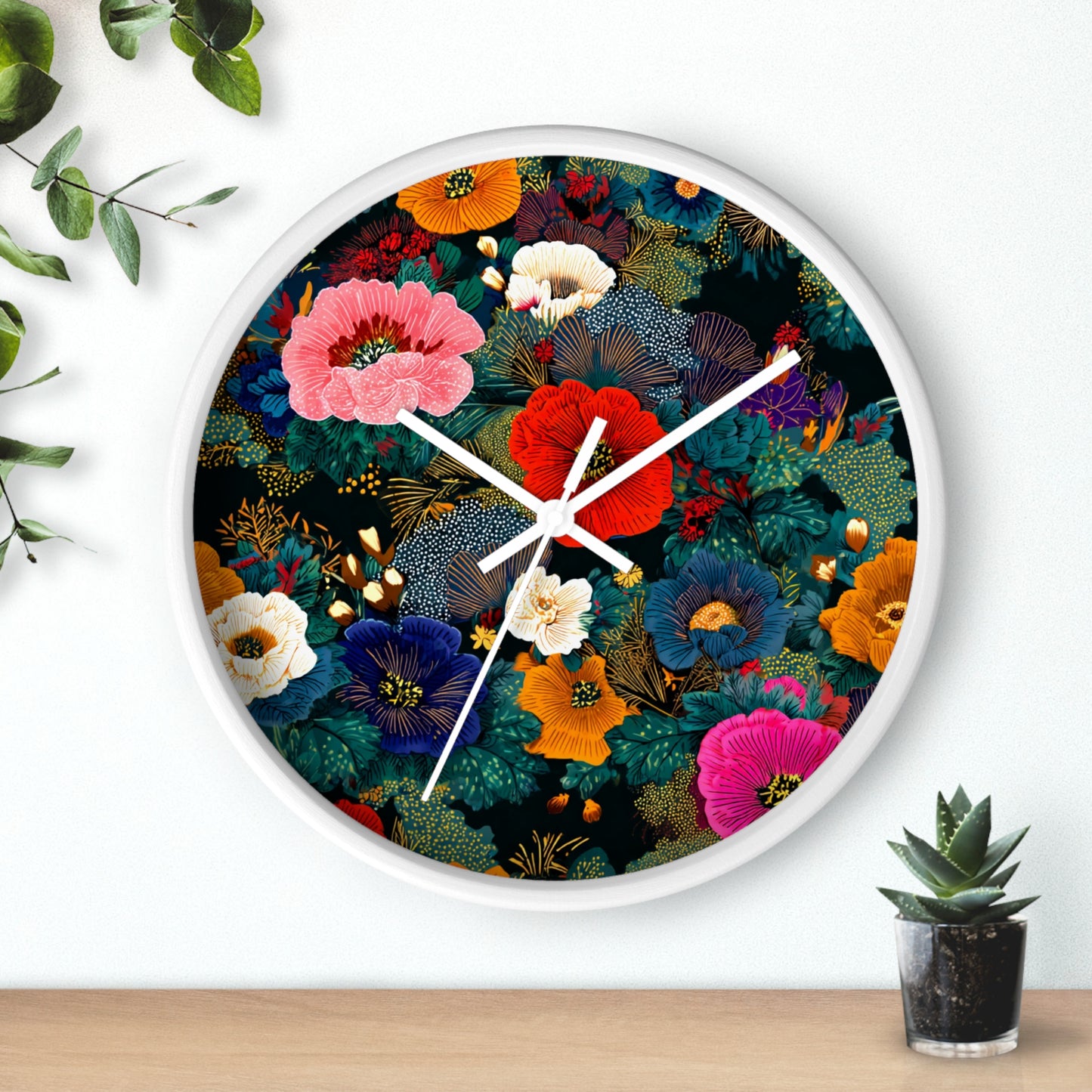 Floral Night Garden Wall Clock — Colorful Botanical Clock for Living Room & Bedroom