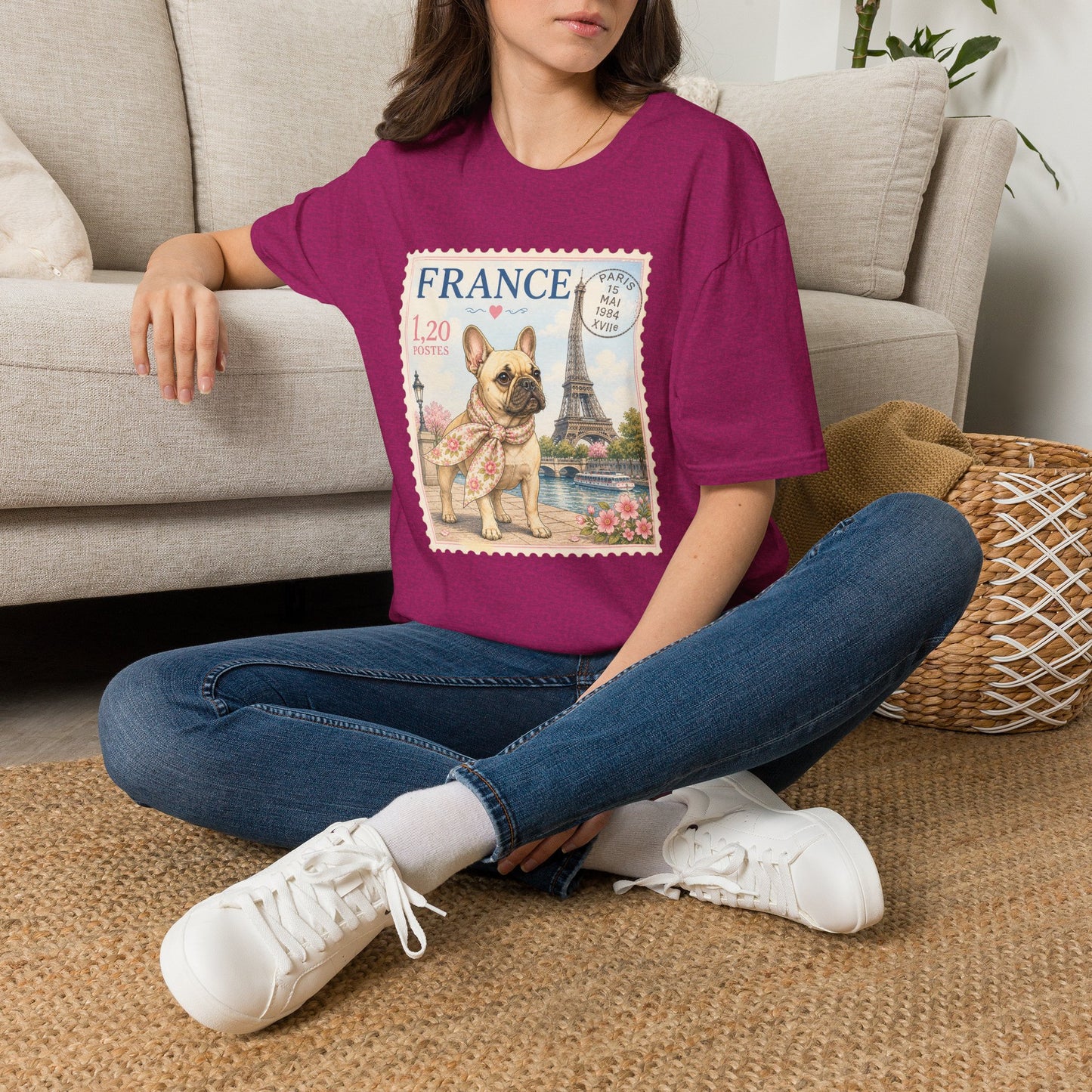 French Bulldog Postage Stamp T-Shirt | Eiffel Tower Paris Design (Light Weight, Ultra Soft Tee)