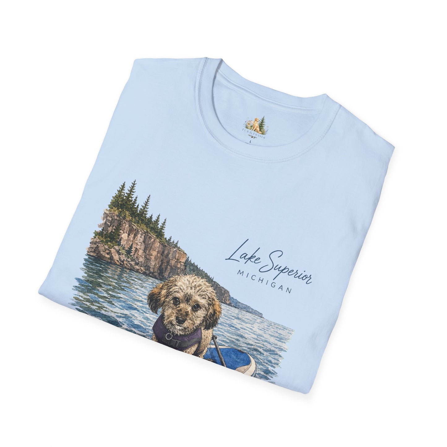 T-Shirt — Lake Superior Michigan Dog Paddleboard Graphic (Light Weight, Ultra Soft Tee)