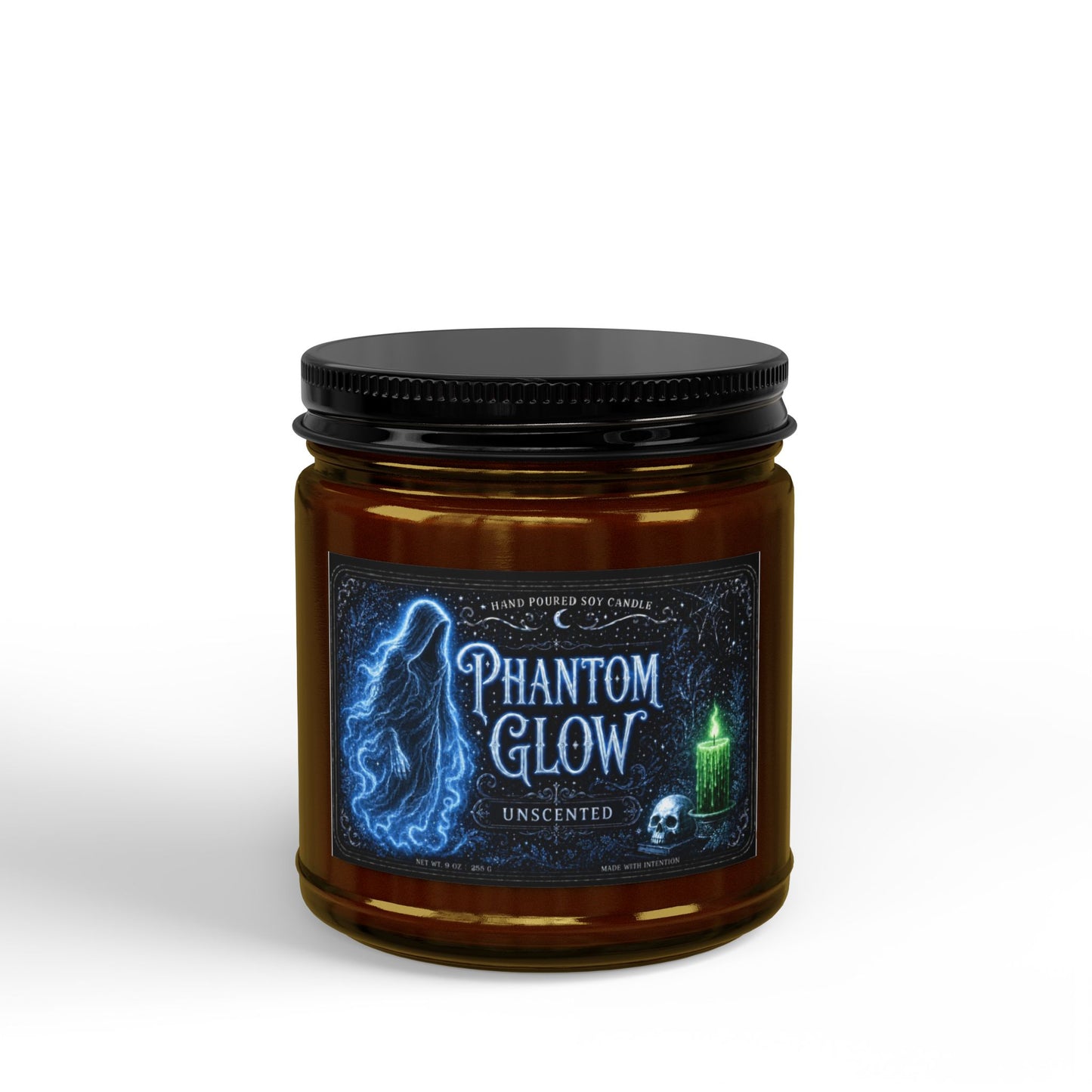 Phantom Glow Soy Candle — Unscented Amber Jar with Black Lid (4oz & 9oz)