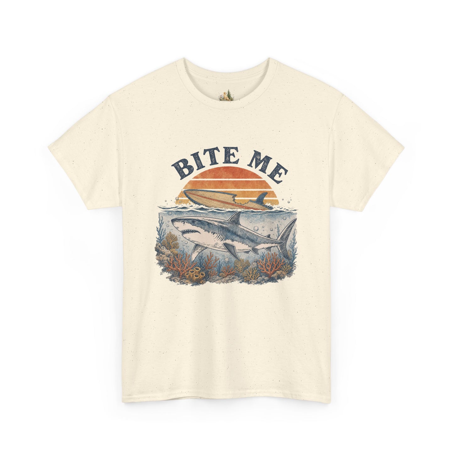 Shark 'Bite Me' Graphic Tee — Vintage Ocean Sunset Fishing Shirt (Heavy Weight Tee)