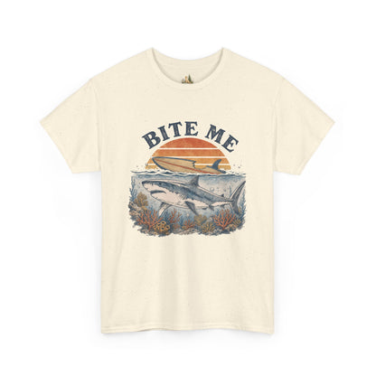 Shark 'Bite Me' Graphic Tee — Vintage Ocean Sunset Fishing Shirt (Heavy Weight Tee)