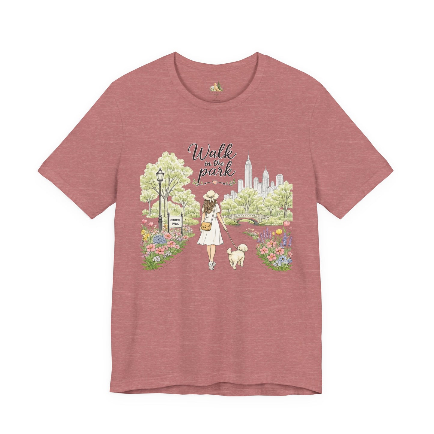Walk in the Park T-Shirt | Woman Walking Dog Park Illustration