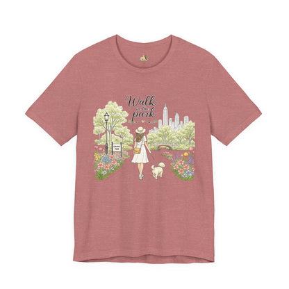 Walk in the Park T-Shirt | Woman Walking Dog Park Illustration